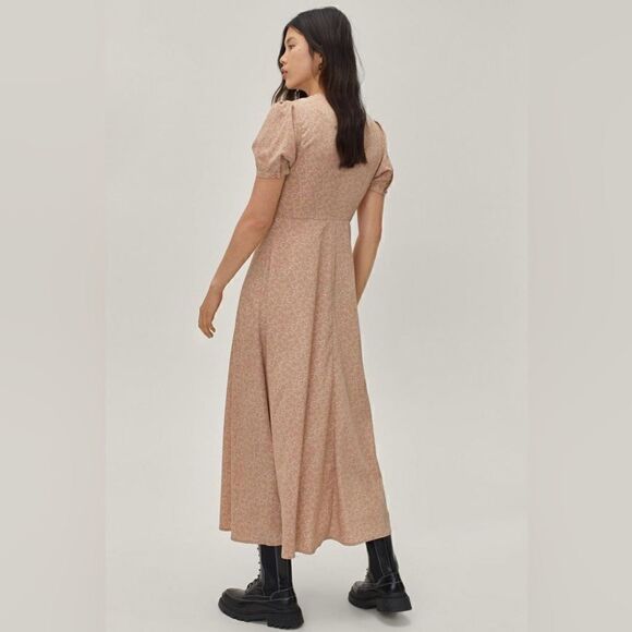 Nasty Gal Maxi Tea Dress Floral Print Button Down Puff Sleeve Size 10 - Picture 3 of 12